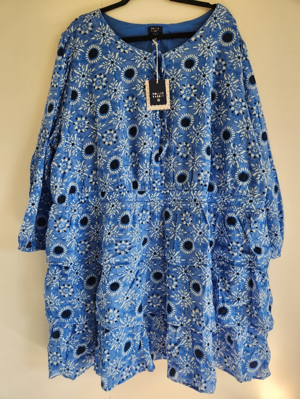 Roller Rabbit Blue Floral Tiered Long Sleeve Star Medallion Dress 4X Boho